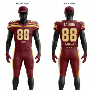 Uniforme de football américain pour hommes en maille polyester premium 260 GSM, avec bandes latérales marron, respirant, logo personnalisé en twill. - Product Image 1