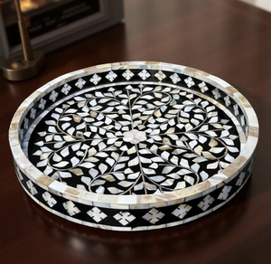 Plateau de service en incrustation d'os fait à la main avec design floral Plateau rectangulaire décoratif pour table basse Cuisine et décoration intérieure - Product Image 1