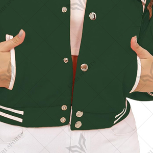 Chaqueta universitaria recortada para mujer en verde oscuro con paneles de contraste blancos y ribete acanalado hecho de poliéster suave y mezcla de algodón - Product Image 6