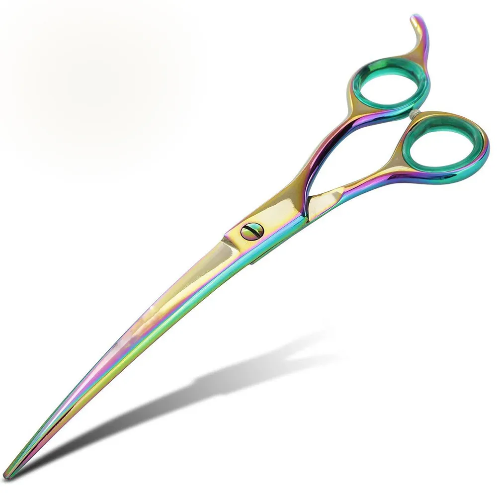Fancy Pet Hair Grooming Scissors Multi Titanium Coated Curved Blades Blunt Tip Right Handed Scissors