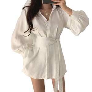 Wholesale Women Long Shirts With Belt Solid Color Puff Long Sleeve French Lapel V-neck Loose Button Lady <b>Tops</b> Casual Shirt - Product Image 1