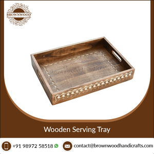 Bandejas de madera tallada a mano para servir comida, Juego de 2 con asas, Color blanco quemado, forma Rectangular, diseño moderno - Product Image 3