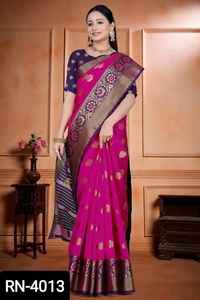 Vêtements ethniques attrayants pour mariage, Sari en soie Kanjipuram avec Designer palpu et Pure Zari Border Sari pour femmes - Product Image 5