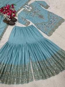 Nouveau Designer Launch Party Wear Sharara Palazzo Dupatta avec 9mm Séquence Broderie Naturel Crep Matériel Salwar Kameez Top Look - Product Image 5