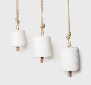 Patterned White Ceramic <b>Bell</b> Trio With Wooden Beads For Boho Home Decor And Artistic Textured Accent Display Charm - Product Image 2