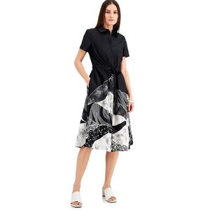 Abito chemisier midi da donna Alfani confortevole con stampa Payton a maniche corte nero XS - Product Image 1