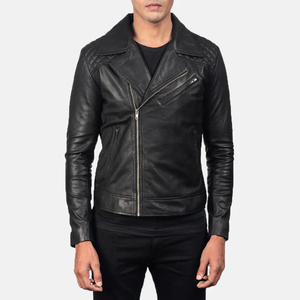 Danny 100% <b>Leather</b> Biker <b>Jacket</b> Canvas Quilted Design Stand Collar Zipper Closure Casual <b>Winter</b> Solid Plain Dyed Windproof - Product Image 4
