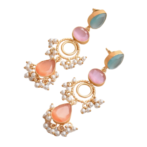 Boucles d'oreilles longues Laxmi Jewellers plaquées or avec pierres naturelles et cristaux, bijoux fantaisie pour femmes, boucles d'oreilles tendance - Product Image 2