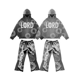 Distressed Printed <b>Embroidery</b> Rhinestone Winter Unisex Sweatsuits Streetwear Cotton Flared Baggy Sweatpants Hoodie <b>Set</b> - Product Image 1