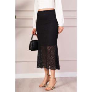 LUSTIN Women's Elegant Black Midi <b>Skirt</b> with <b>Elastic</b> Waistband, Delicate Lace Detail, and Comfortable Lining for Casual or - Product Image 2