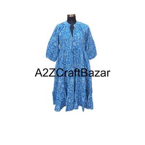 Robe mi-longue décontractée pour femme Himanshi, faite à la main, respirante, ample, à motif floral, manches longues, taille naturelle, tissu 100% coton - Product Image 1