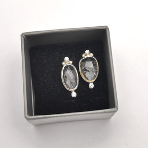 925 Sterling Silver Black Rutile Quartz 15x9mm Oval Gemstone Cz Set Stud Earrings 5.63 Gms Designer Handmade Stone Stud Earring - Product Image 4