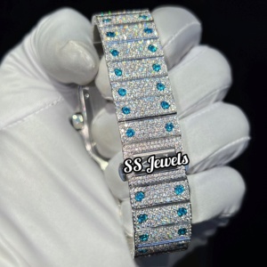 Sang trọng Unisex Iced vvs moissanite kim cương thép không gỉ Glass Watch đá quý màu xanh 41mm Đường kính ETA cơ khí phong trào vượt qua - Product Image 5