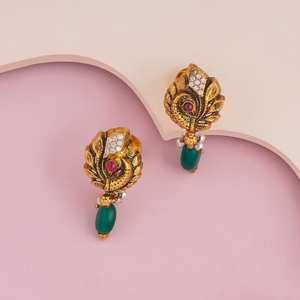 Boucles d'oreilles pendantes en argent style temple, vintage, or 18 carats avec diamant taille princesse serti clos, motif floral, modèle 188180 - Product Image 2