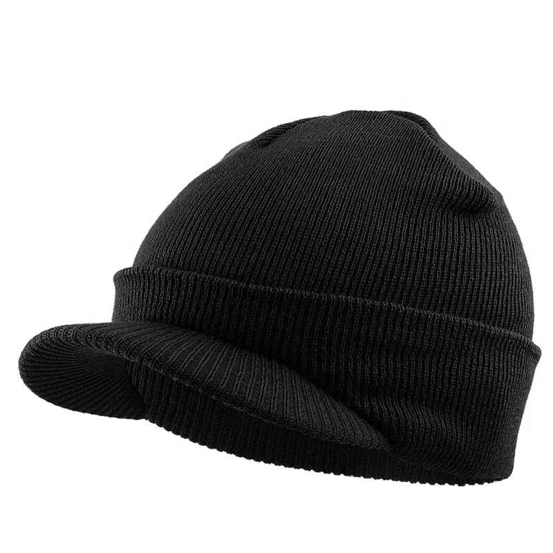 Topi kupluk rajut pria wanita klasik, penutup kepala lipat akrilik padat dingin buatan AS