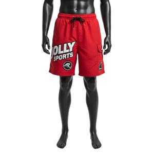 Short de bain homme premium 120 GSM en microfibre de polyester, séchage rapide, rouge uni, avec logo personnalisé par transfert thermique - Product Image 1