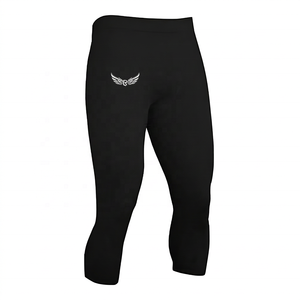 Men's Black Compression Knee-Length <b>Leggings</b> with White Wing Logo Elastic Waist Spandex <b>Polyester</b> Breathable 180g Sportwear - Product Image 1