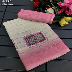Sari en lin doux pour femme avec broderie et travail de miroir en feuille d'aluminium, design indien, en stock - Product Image 1