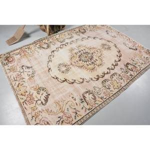 Alfombra turca Vintage de 5,2x7,5 pies, lana beige hecha a mano con diseño de retazos, sala de estar forma rectangular para, estilo Tabriz - Product Image 2