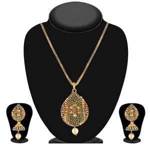 Kriaa Brown <b>Kundan</b> Stone Gold Plated Fine <b>Jewelry</b> Pendant Set 1204005 - Product Image 1