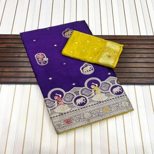 Sari en soie satinée Mashru pure, tissage jacquard Meenakari, avec pallu riche, chemisier contrasté, teint à la main, léger, sari de qualité supérieure - Product Image 3