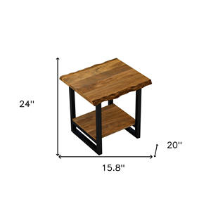 Table d'appoint de salon HMS de 24 pouces avec style industriel moderne, structure carrée en bois massif et fer, couleur marron noir, avec étagère L - Product Image 6