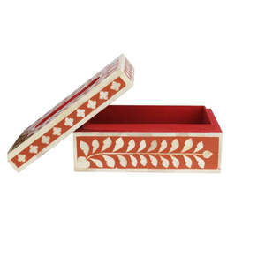 Couvercle de boîte à mouchoirs en incrustation d'os à motif feuillu fait à la main en incrustation d'os rouge porte-serviettes décoratif - Product Image 1