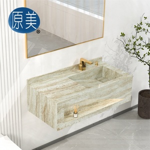 Iluminación LED Nicho Pizarra Gabinete de <span class=keywords><strong>lavabo</strong></span> integrado Mármol Superficie sólida Fregadero de piedra sinterizada Tocador de baño con espejo enmarcado - Product Image 4