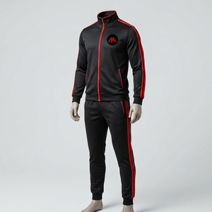Conjunto Deportivo Negro para Hombre, Chaqueta Deportiva con Cierre Completo, Pantalones Jogger con Detalles en Rojo, Ropa Deportiva para Entrenamiento, Gimnasio, Running y Fitness - Product Image 1