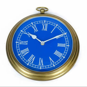 Horloge murale ronde vintage de grande taille, cadran bleu, cadre en laiton doré, quartz, décoration intérieure, style rétro du milieu du siècle, décoration murale pour chambre à coucher - Product Image 1