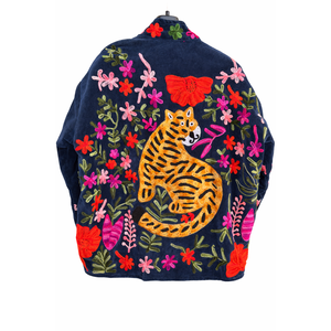 Blouson Bomber Réversible en Velours Brodé à la Main, Imprimé Animal Tigre Bleu, Vintage, 100% Coton Couleur Naturelle, Printemps Automne - Product Image 3