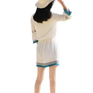 Robe courte d'été pour femme style bohème, col en V, broderie florale, coton tissé, taille naturelle - Product Image 2