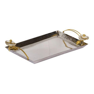 Plateau de service en acier inoxydable de luxe poignée en laiton collations en métal rectangulaires faites à la main plateau à Dessert restauration conception de fleurs - Product Image 6