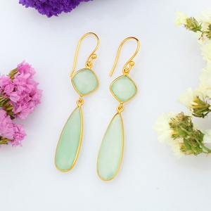 2023 Hot Natural Aqua Chalcedony <b>Huggie</b> Bezel Earrings Handmade Drop Earrings for Women and Girls - Product Image 2