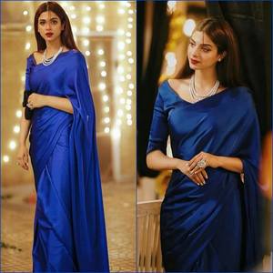 Saris pakistanais en satin élégants et stylés, faits à la main, silhouette fourreau avec taille empire, achetez en ligne - Product Image 5