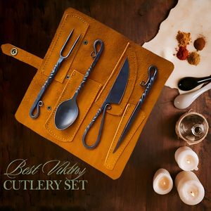 Ensemble de couverts vikings forgés à la main de haute qualité, 4 pièces (fourchette, cuillère, couteau), légers et portables, couverts médiévaux avec étui en cuir pour le camping - Product Image 3