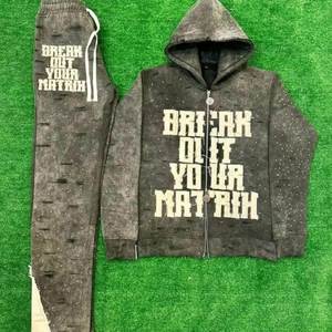 Survêtement de haute qualité 100% coton avec cordon de serrage, broderie délavée, surdimensionné, streetwear uni pour la saison hivernale - Product Image 6