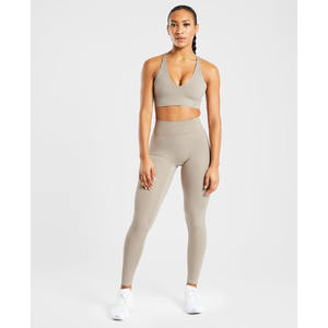 Women's High <b>Waist</b> Gym <b>Leggings</b> with <b>V</b> Shaped Back Waistband Custom Logo Muted Taupe Staple <b>Legging</b> Stylish Active Wear Pants - Product Image 3
