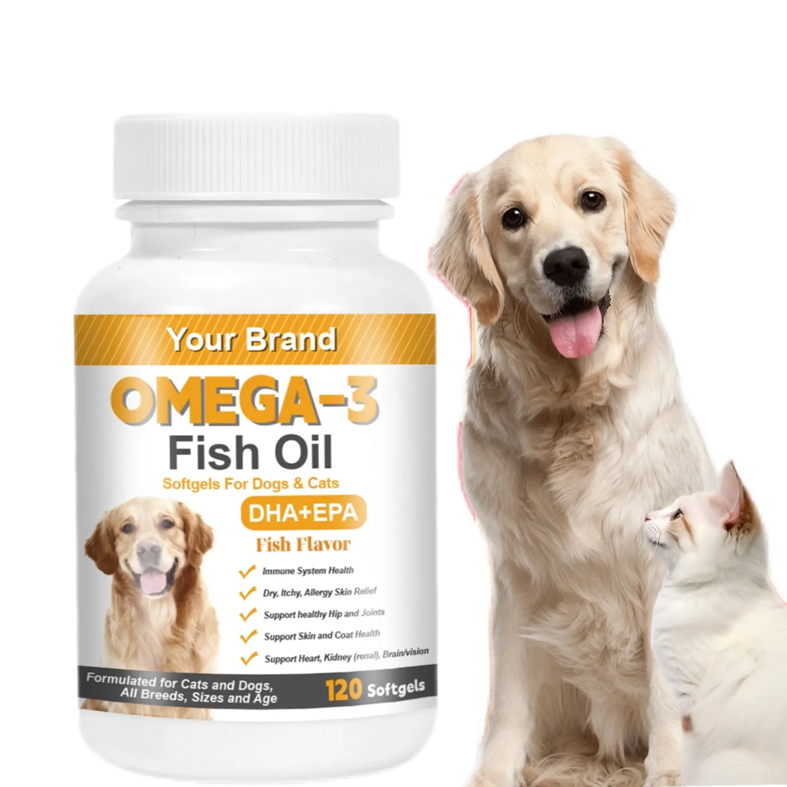 Suppléments de santé cardiaque en gros Omega 3 huile de poisson soutient le système immunitaire pour les soins des chats et des chiens