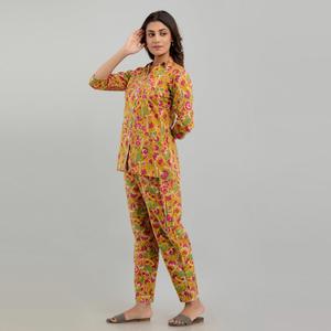 Women's Mustard Cotton Floral Print Sleep Dress ODM Casual Night <b>Suit</b> Button Closure Custom Logo Soft Woven Animal Cartoon - Product Image 4