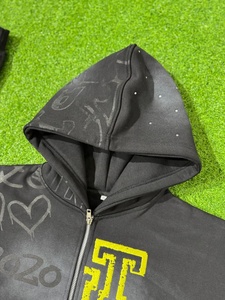 Sudadera con capucha lavada con ácido vintage parches bordados personalizados serigrafía gráfica con pedrería Sudadera con capucha de algodón de gran tamaño ropa de calle - Product Image 3