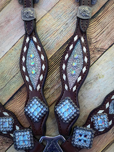 Kaamkaaj Genuine Leather Western Saddle Horse Tack <b>Set</b> Metal Components Buckle Closure <b>Beaded</b> Headstall Breast Collar-Riding - Product Image 6