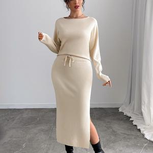 Women's Printed Boatneck Knit <b>Top</b> and Side-Slit Midi Skirt Set - Product Image 1