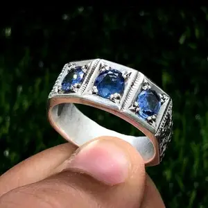 Kualitas Terbaik Natural London Blue Topaz batu permata dengan 925 perak murni pria cincin keabadian pengaturan indah cincin pria hadiah Dia