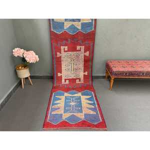 Vintage <b>Runner</b> Rug 2.7x9.7 ft, Turkish Herki <b>Red</b> Abstract Wool Rug - Product Image 1