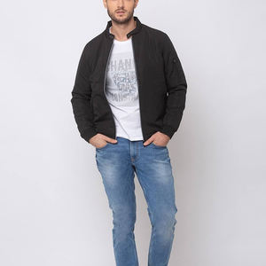 แจ็กเก็ตบอมเบอร์ขนแกะแขนหนังปักแบบบางปรับแต่งได้สำหรับผู้ชายปกตั้งพร้อมกระบวนการเคลือบยาว - Product Image 6