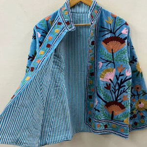 Blue Suzani Velvet <b>Jacket</b> Ethnic Boho Embroidered Outwear Bohemian Festival Coat Boho Style Embroidered <b>Short</b> <b>Jacket</b> From India - Product Image 1