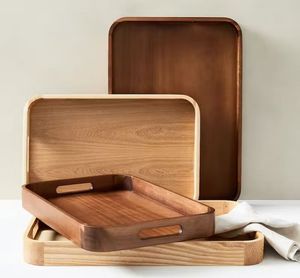 HOP SERVING Bandeja de madera rectangular de alta calidad para servir comida Desayuno Postre Bandeja de madera de acacia con mango de metal - Product Image 1