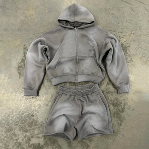 Conjunto de Sudadera con Capucha y Cremallera Personalizado con Pantalones Cortos, Ropa Casual Unisex, Color Sólido, Felpa Francesa de Algodón, Atuendo Otoñal, Corte Regular - Product Image 6