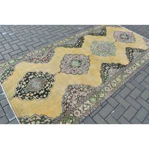 Vintage Large Rug 4.7x9.4 ft, <b>Yellow</b> Floral Turkish <b>Wool</b> Rug - Product Image 2